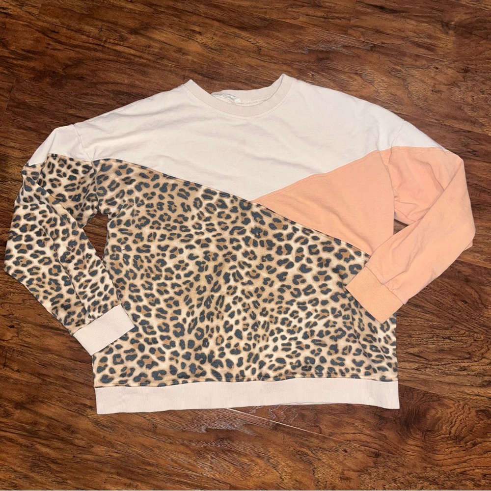 Easel Leopard Print Colorblock Sweatshirt - Cream, Tan, Mustard Medium
